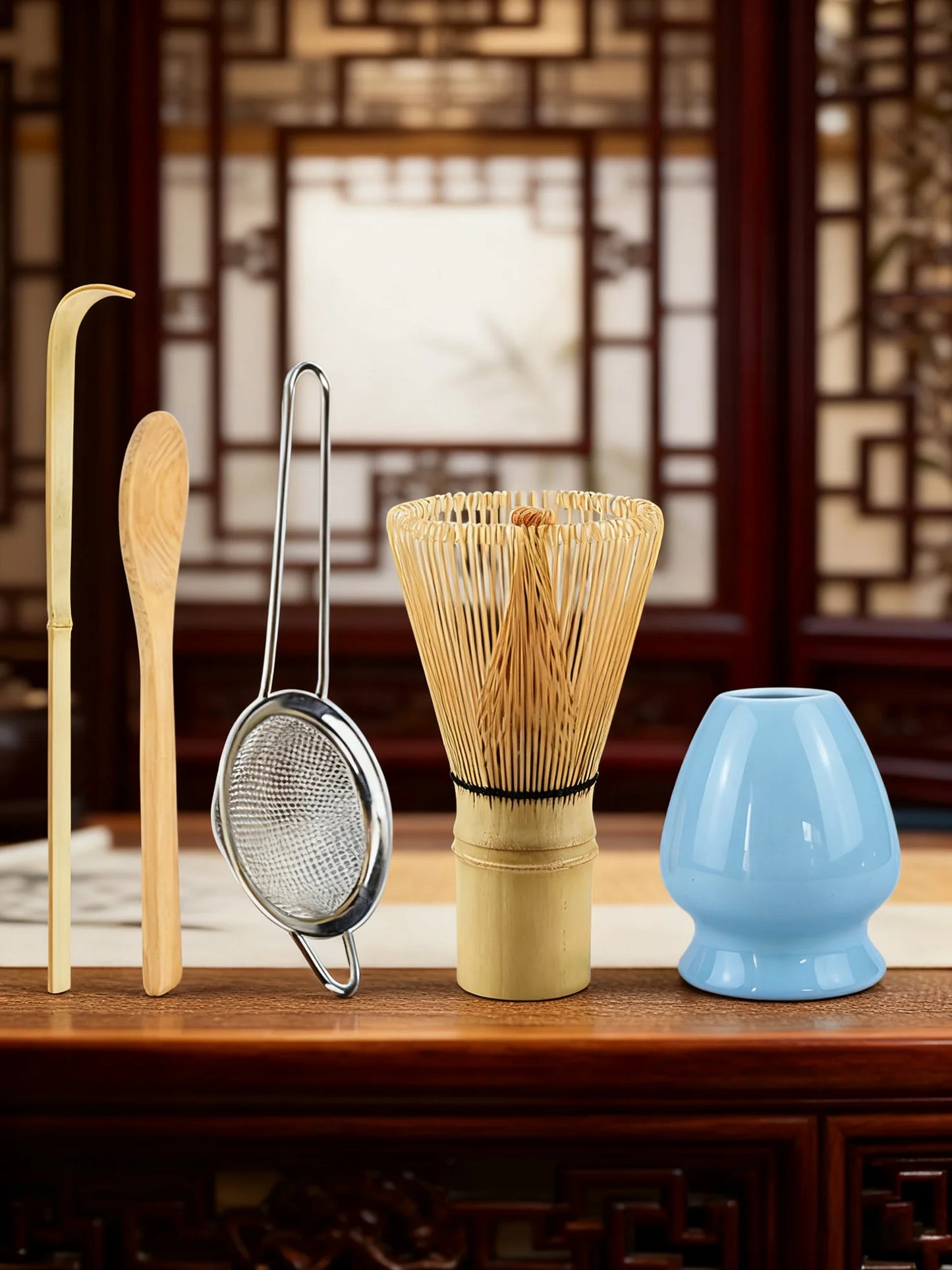 5pcs Matcha Whisk Set - Bamboo Whisk, Tea Strainer, Scoop, Spoon, Sifter, Whisk Holder, Perfect Matcha Starter Kit for Matcha