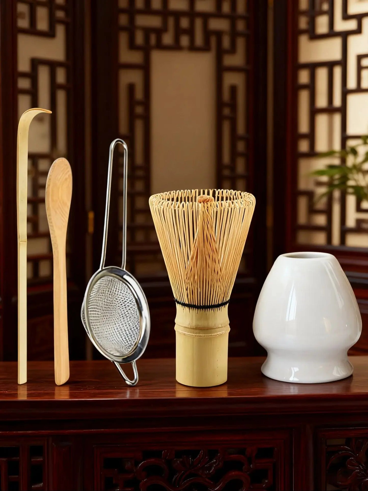 5pcs Matcha Whisk Set - Bamboo Whisk, Tea Strainer, Scoop, Spoon, Sifter, Whisk Holder, Perfect Matcha Starter Kit for Matcha