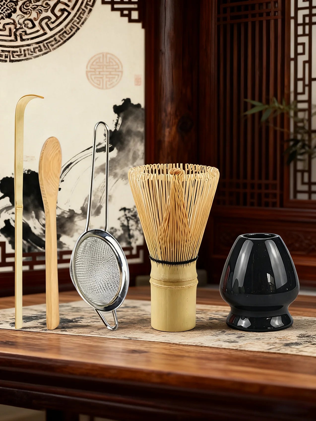 5pcs Matcha Whisk Set - Bamboo Whisk, Tea Strainer, Scoop, Spoon, Sifter, Whisk Holder, Perfect Matcha Starter Kit for Matcha