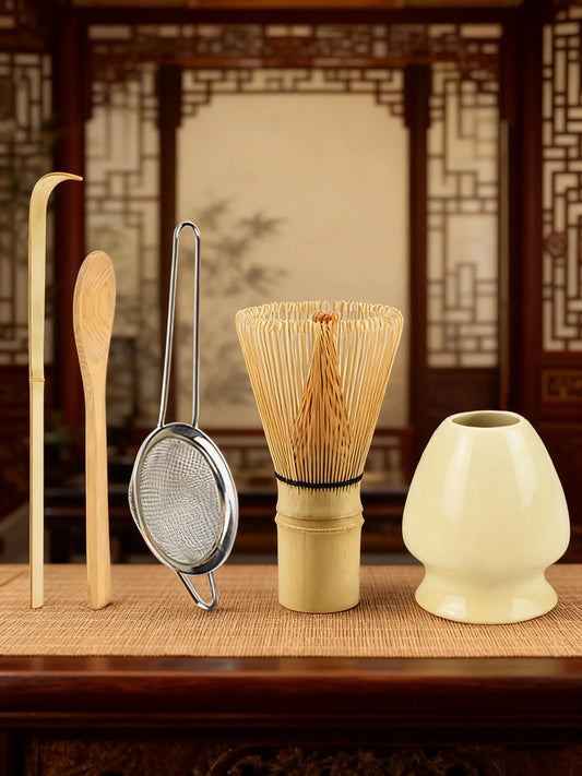 5pcs Matcha Whisk Set - Bamboo Whisk, Tea Strainer, Scoop, Spoon, Sifter, Whisk Holder, Perfect Matcha Starter Kit for Matcha